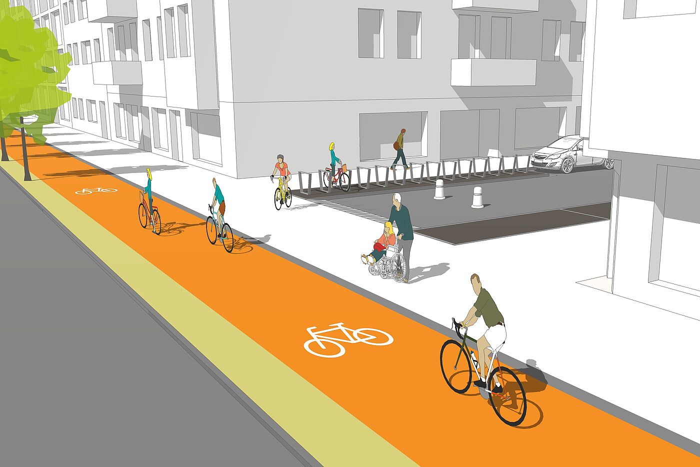 Mini-Hollands: Geschützte Radwege Die Grafik zeigt geschütze Radwege auf Hauptstraßen.